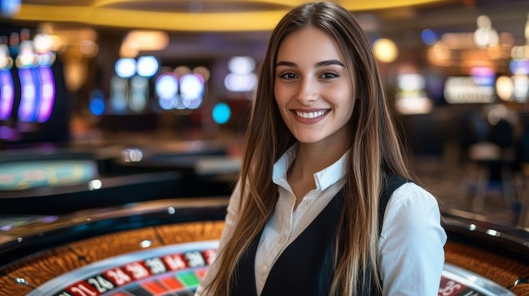 Live baccarat table with dealer and multi-camera feed